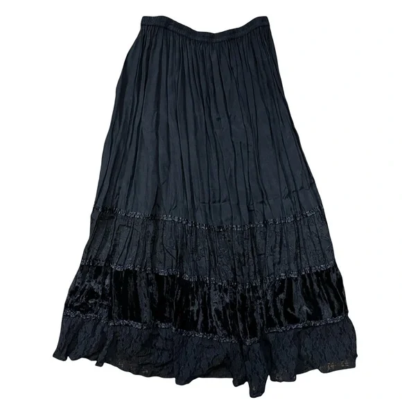 VTG Black Velvet Lace Nylon Tiered Maxi Skirt Small Pull On Whimsigoth Stretch - Picture 2 of 6
